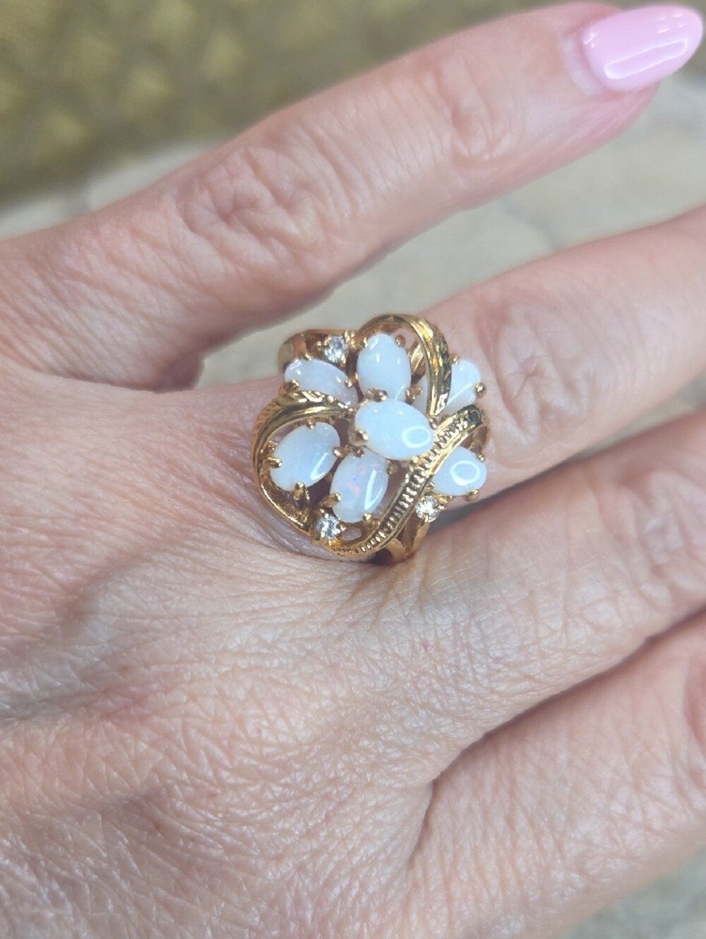 Vintage 12K Gold Filled Opal Cluster Ring - White Opal Floral Design 8 - Picture 3 of 8